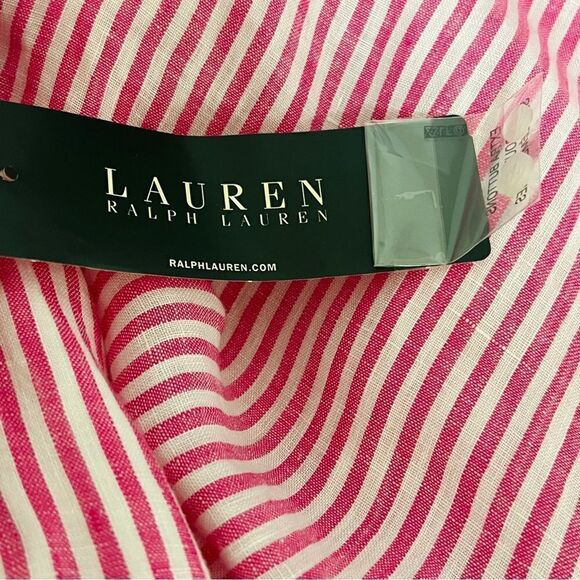 NWT Lauren Ralph Lauren Pink White Stripe Linen Blouse Tunic M Roll Tab Sleeve - Picture 6 of 13